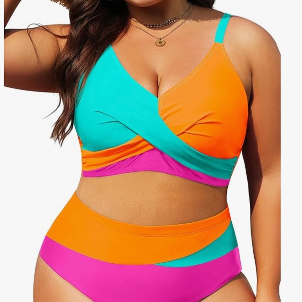 Plus Size Two Piece Swimsuit - Women High Waisted Bikini Set Tummy Control